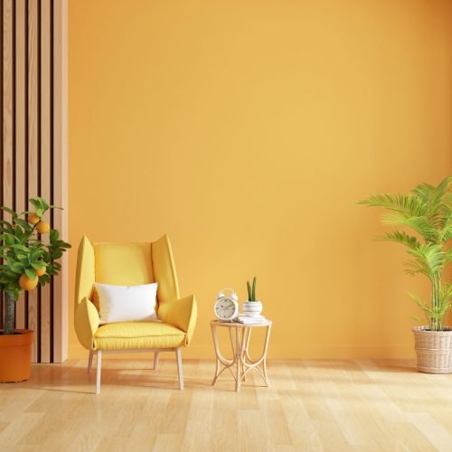 Yellow armchair in living room interior with copy space for mock up, 3D rendering