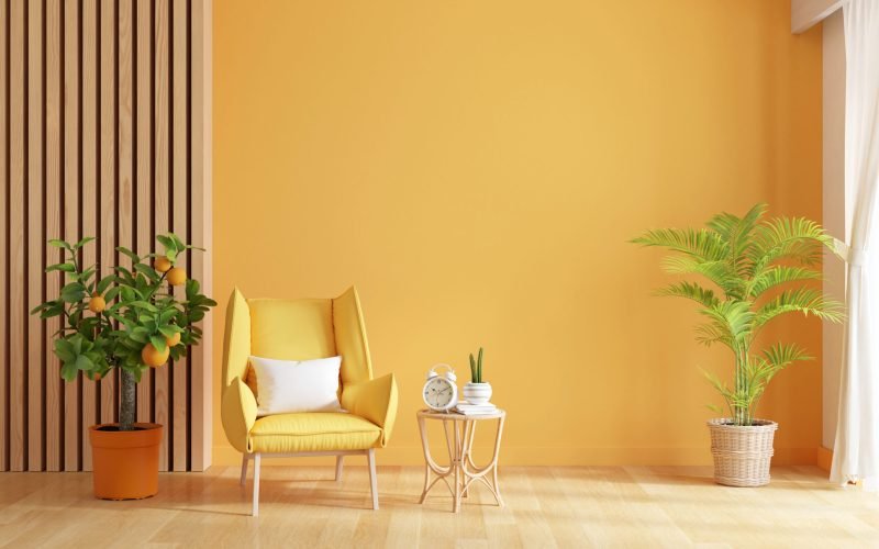 Yellow armchair in living room interior with copy space for mock up, 3D rendering